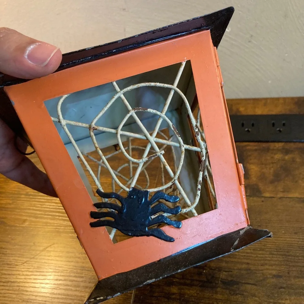 Halloween Hand Painted Metal Spiderweb Lantern Orange Black Tea Light Holder
